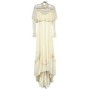 VTG Victorian Cream Wedding Dress Flowy Ruffle Lace Button Zip USA Womens READ